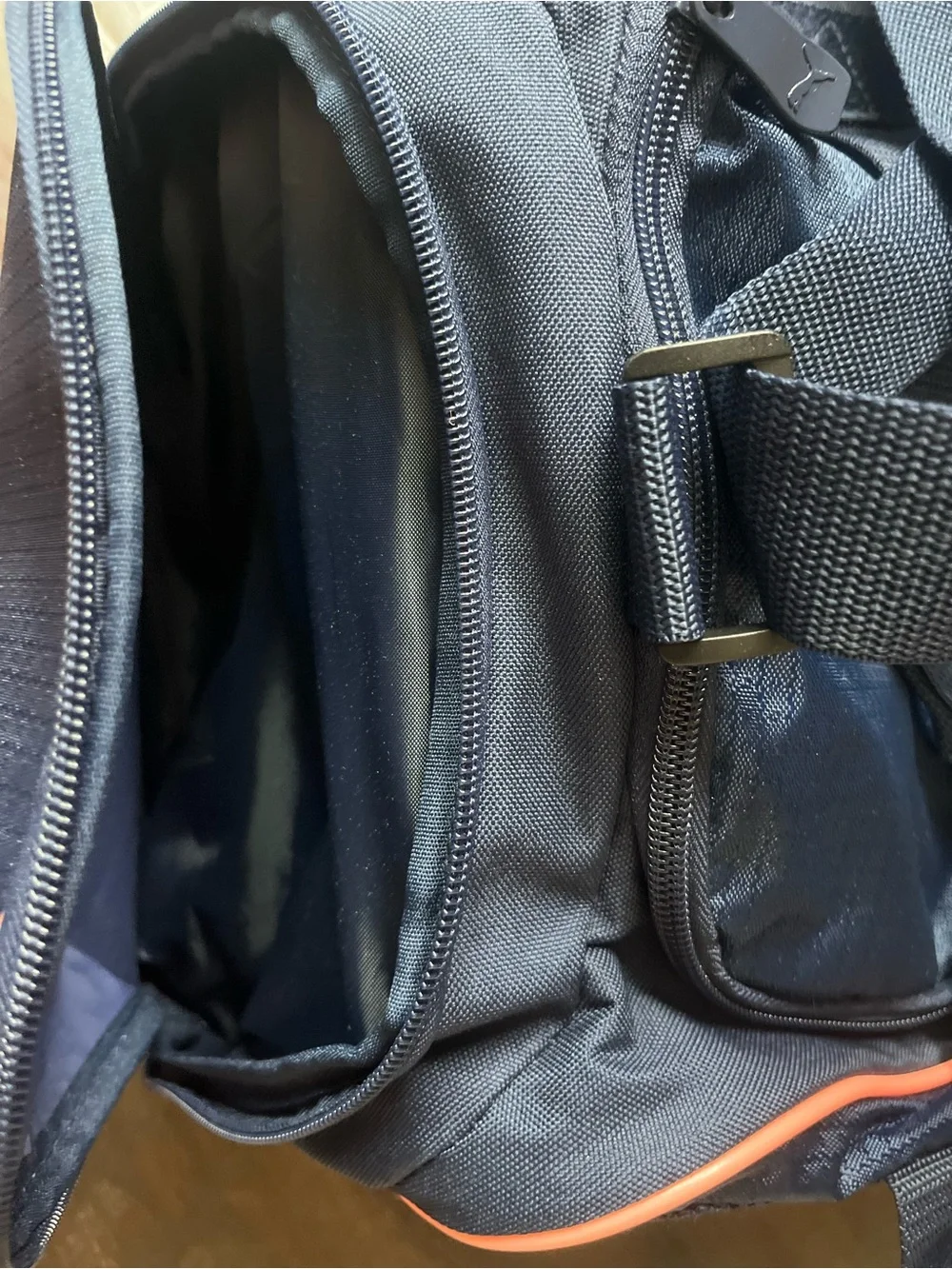 Puma Navy Duffel Bag with Coral Logo Accents